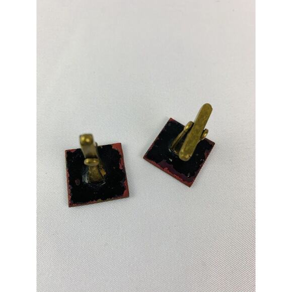 Vintage Men's Enameled Goldtone and Black Square Cufflinks Artsy Retro Toggle - Picture 3 of 12